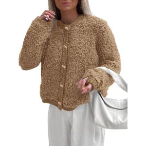 imagePRETTYGARDEN Womens Faux Fur Coat 2025 Fall Fuzzy Fleece Button up Shearling Cropped Jackets Winter Trendy OuterwearKhaki