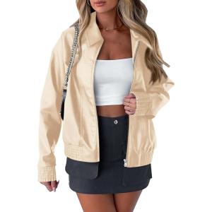 imagePRETTYGARDEN Womens Faux Leather Jackets 2025 Fall Long Sleeve Bomber Jacket Zip Up Motorcycle Coats Winter ClothesBeige White