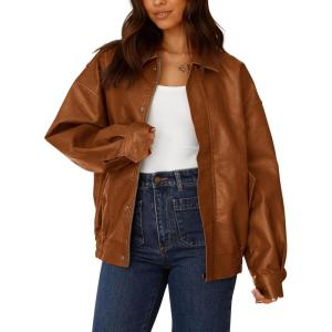 imagePRETTYGARDEN Womens Faux Leather Motorcycle Jacket Trendy Fall Spring Clothes Oversized Zip Up Winter Coat OuterwearBrown