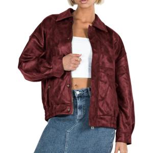 imagePRETTYGARDEN Womens Faux Leather Motorcycle Jacket Trendy Fall Spring Clothes Oversized Zip Up Winter Coat OuterwearStyle2wine Red