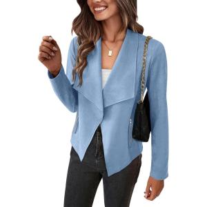 imagePRETTYGARDEN Womens Faux Suede Jackets 2025 Fashion Fall Clothes Long Sleeve Open Front Cropped Coat OutwearLight Blue