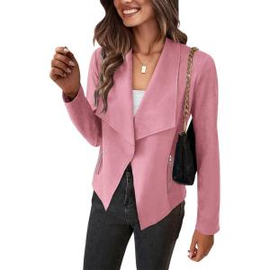 imagePRETTYGARDEN Womens Faux Suede Jackets 2025 Fashion Fall Clothes Long Sleeve Open Front Cropped Coat OutwearPink