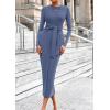 imagePRETTYGARDEN Womens 2025 Wedding Guest Midi Dresses Semi Formal Long Sleeve Bodycon Tie Waist Cocktail Fall Fashion ClothesDusty Blue