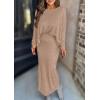 imagePRETTYGARDEN Womens Fall 2025 Two Piece Matching Skirt Sets Long Sleeve Tops Maxi Long Slit Bodycon Skirts Vacation OutfitsKhaki