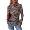 imagePRETTYGARDEN Womens 2025 Fall Mesh Floral Blouses Long Sleeve Going Out Tops Slim Fitted Shirts Date Night OutfitsLeopard Print