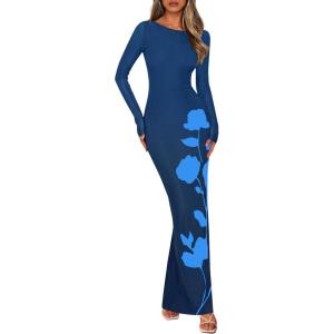 imagePRETTYGARDEN Bodycon Maxi Dress 2025 Fall Floral Long Sleeve Sexy Mesh Cocktail Wedding Guest Long DressesBlue