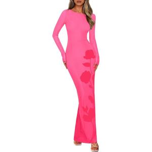 imagePRETTYGARDEN Bodycon Maxi Dress 2025 Fall Floral Long Sleeve Sexy Mesh Cocktail Wedding Guest Long DressesPink