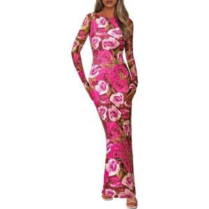 imagePRETTYGARDEN Bodycon Maxi Dress 2025 Fall Floral Long Sleeve Sexy Mesh Cocktail Wedding Guest Long DressesPink Flower