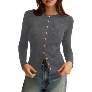 imagePRETTYGARDEN Womens 2025 Fall Cardigan Sweaters Lightweight Long Sleeve Button up Ribbed Knit Tops Winter Fashion ClothesGrey