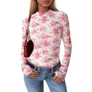 imagePRETTYGARDEN Womens 2025 Fall Mesh Floral Blouses Long Sleeve Going Out Tops Slim Fitted Shirts Date Night OutfitsFloral Pink