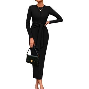 imagePRETTYGARDEN Womens 2025 Wedding Guest Midi Dresses Semi Formal Long Sleeve Bodycon Tie Waist Cocktail Fall Fashion ClothesBlack