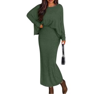 imagePRETTYGARDEN Womens Fall 2025 Two Piece Matching Skirt Sets Long Sleeve Tops Maxi Long Slit Bodycon Skirts Vacation OutfitsArmy Green