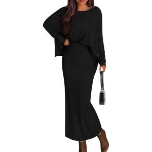 imagePRETTYGARDEN Womens Fall 2025 Two Piece Matching Skirt Sets Long Sleeve Tops Maxi Long Slit Bodycon Skirts Vacation OutfitsBlack