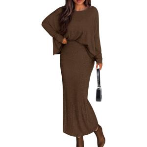 imagePRETTYGARDEN Womens Fall 2025 Two Piece Matching Skirt Sets Long Sleeve Tops Maxi Long Slit Bodycon Skirts Vacation OutfitsBrown