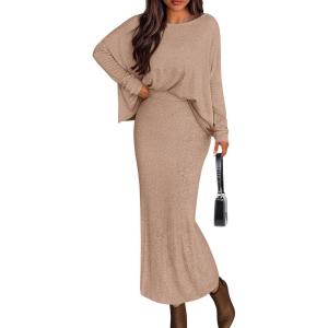 imagePRETTYGARDEN Womens Fall 2025 Two Piece Matching Skirt Sets Long Sleeve Tops Maxi Long Slit Bodycon Skirts Vacation OutfitsKhaki