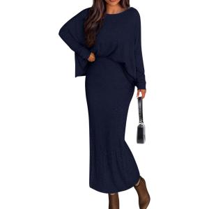 imagePRETTYGARDEN Womens Fall 2025 Two Piece Matching Skirt Sets Long Sleeve Tops Maxi Long Slit Bodycon Skirts Vacation OutfitsNavy Blue