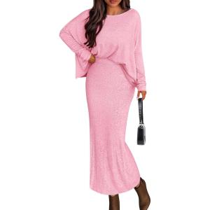 imagePRETTYGARDEN Womens Fall 2025 Two Piece Matching Skirt Sets Long Sleeve Tops Maxi Long Slit Bodycon Skirts Vacation OutfitsPink