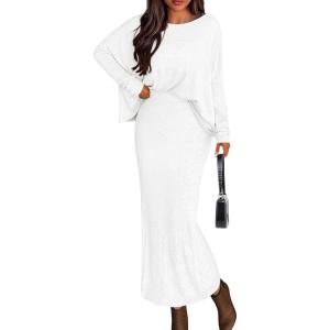 imagePRETTYGARDEN Womens Fall 2025 Two Piece Matching Skirt Sets Long Sleeve Tops Maxi Long Slit Bodycon Skirts Vacation OutfitsWhite
