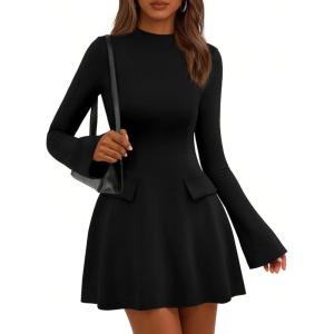 imagePRETTYGARDEN Womens Long Sleeve Mini Dress 2025 Fall Bodycon Mock Neck Elegant Business Work Party Short DressesBlack