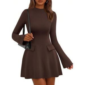 imagePRETTYGARDEN Womens Long Sleeve Mini Dress 2025 Fall Bodycon Mock Neck Elegant Business Work Party Short DressesBrown