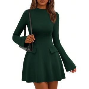 imagePRETTYGARDEN Womens Long Sleeve Mini Dress 2025 Fall Bodycon Mock Neck Elegant Business Work Party Short DressesDark Green