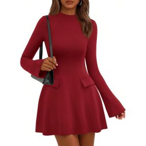 imagePRETTYGARDEN Womens Long Sleeve Mini Dress 2025 Fall Bodycon Mock Neck Elegant Business Work Party Short DressesRed