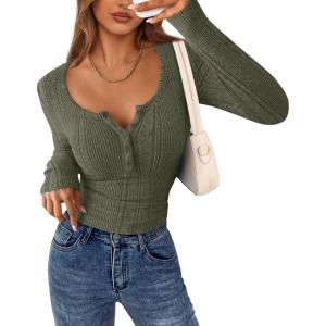imagePRETTYGARDEN Womens Long Sleeve Tops 2025 Fall Fashion Henley Shirts Slim Fitted Ribbed Knit Tees Blouses Going Out OutfitsArmy Green
