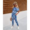 imagePRETTYGARDEN Jumpsuits for Women 2025 Dressy Casual Off Shoulder Romper Outfits Spring Vacation Travel Summer Lounge ClothesTie Dyedark Blue