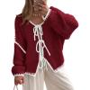 imagePRETTYGARDEN Womens Tie Front Bow Cardigan Sweaters Chunky Knit Long Puff Sleeve Trendy Fall Winter Jacket CoatsWine Red White