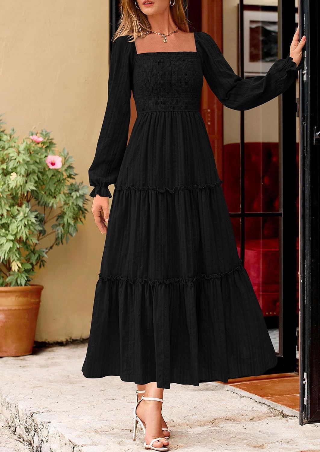 imagePRETTYGARDEN Fall Dresses for Women 2025 Casual Long Sleeve Smocked Ruffle Flowy Elegant Wedding Guest Maxi Dress PocketsBlack