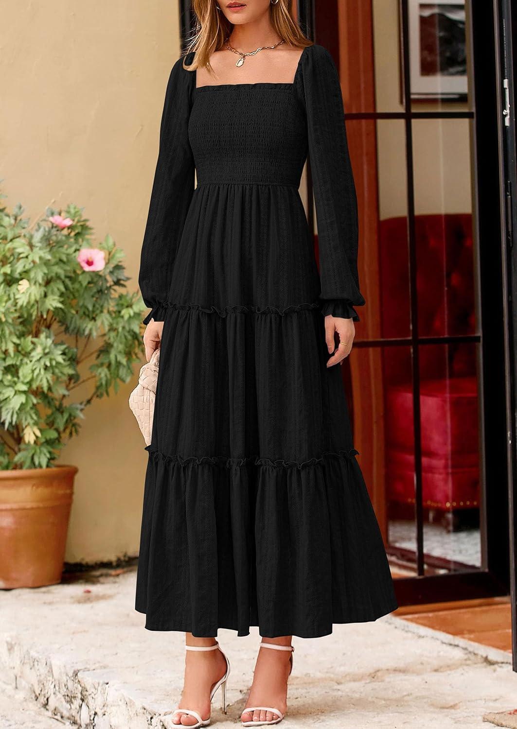 imagePRETTYGARDEN Fall Dresses for Women 2025 Casual Long Sleeve Smocked Ruffle Flowy Elegant Wedding Guest Maxi Dress PocketsBlack