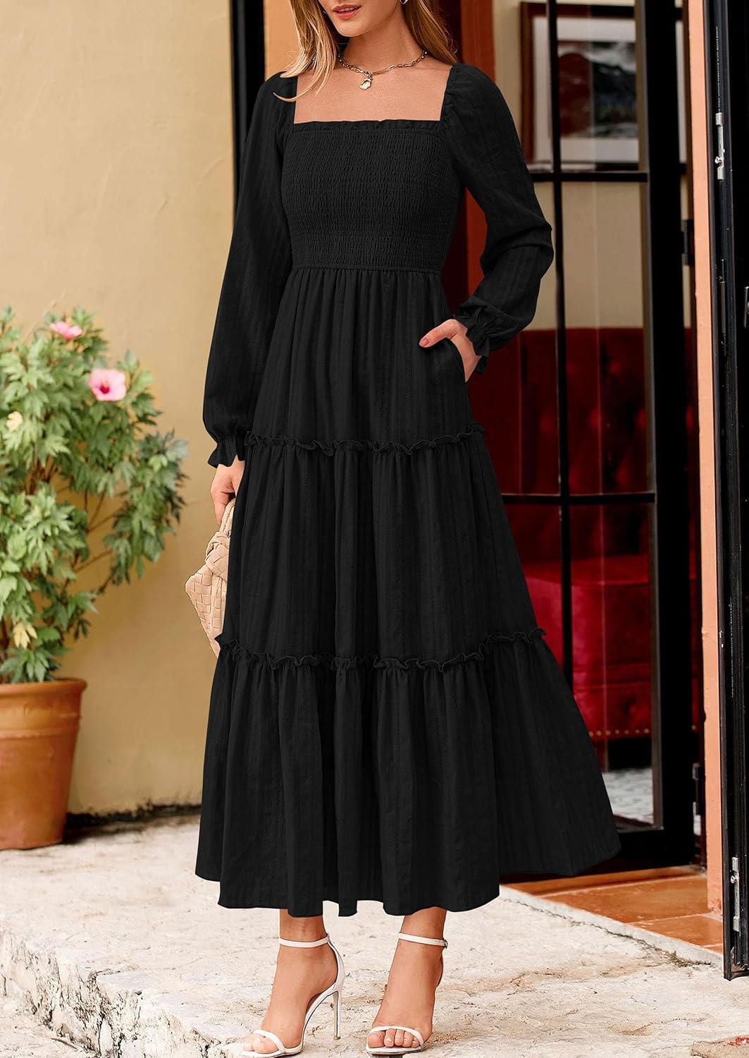 imagePRETTYGARDEN Fall Dresses for Women 2025 Casual Long Sleeve Smocked Ruffle Flowy Elegant Wedding Guest Maxi Dress PocketsBlack