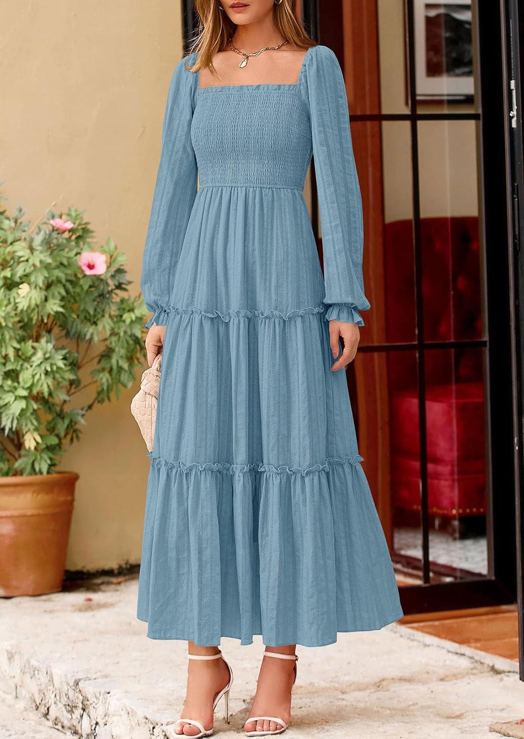 imagePRETTYGARDEN Fall Dresses for Women 2025 Casual Long Sleeve Smocked Ruffle Flowy Elegant Wedding Guest Maxi Dress PocketsDusty Blue