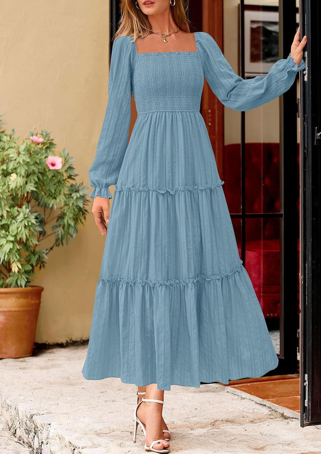 imagePRETTYGARDEN Fall Dresses for Women 2025 Casual Long Sleeve Smocked Ruffle Flowy Elegant Wedding Guest Maxi Dress PocketsDusty Blue