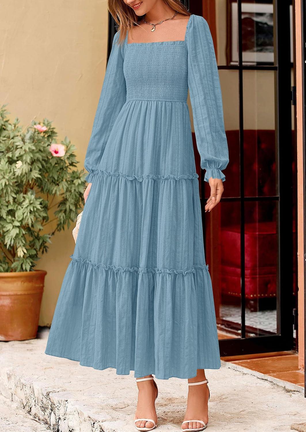 imagePRETTYGARDEN Fall Dresses for Women 2025 Casual Long Sleeve Smocked Ruffle Flowy Elegant Wedding Guest Maxi Dress PocketsDusty Blue