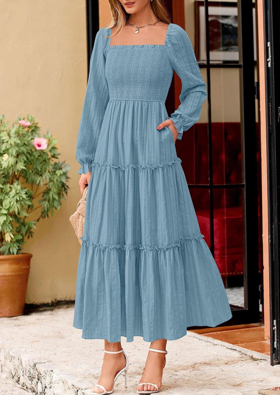imagePRETTYGARDEN Fall Dresses for Women 2025 Casual Long Sleeve Smocked Ruffle Flowy Elegant Wedding Guest Maxi Dress PocketsDusty Blue