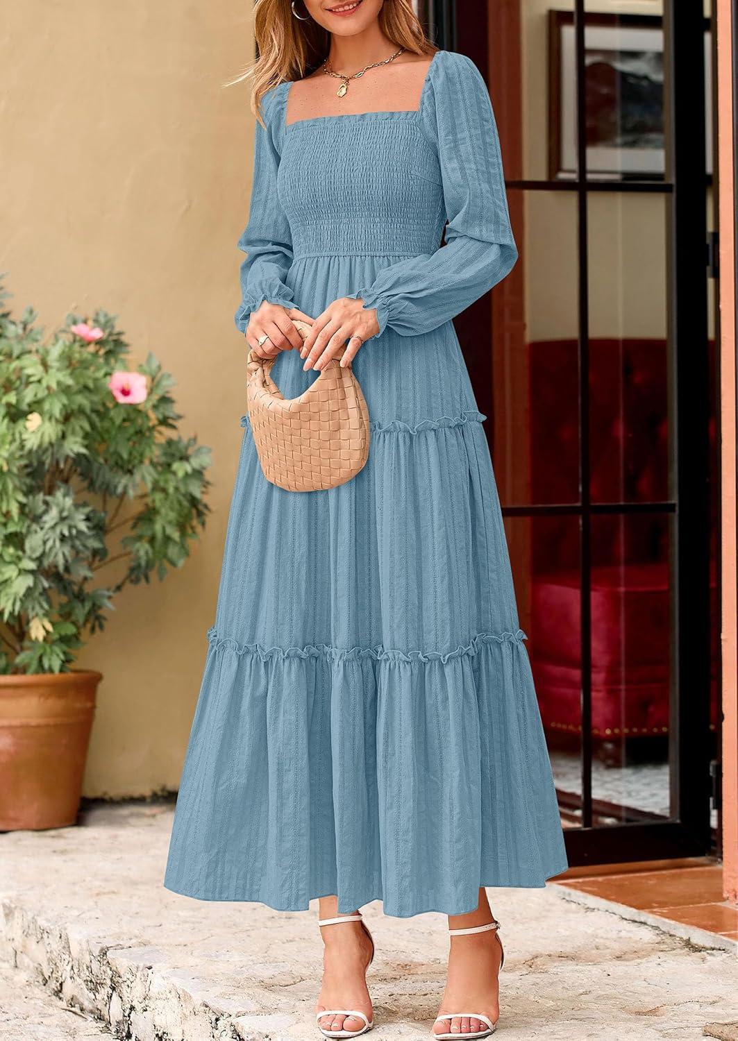 imagePRETTYGARDEN Fall Dresses for Women 2025 Casual Long Sleeve Smocked Ruffle Flowy Elegant Wedding Guest Maxi Dress PocketsDusty Blue