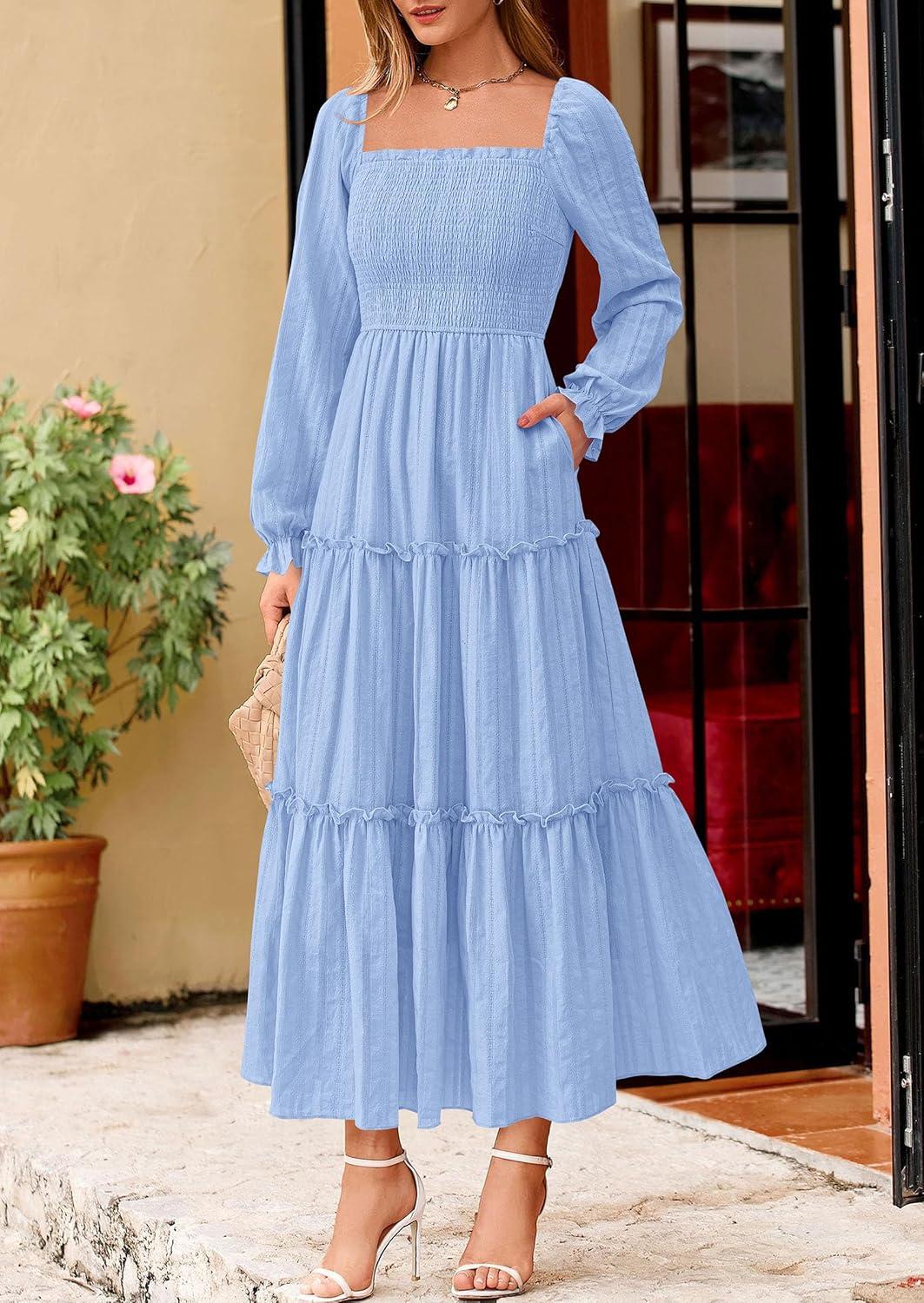 imagePRETTYGARDEN Fall Dresses for Women 2025 Casual Long Sleeve Smocked Ruffle Flowy Elegant Wedding Guest Maxi Dress PocketsLight Blue