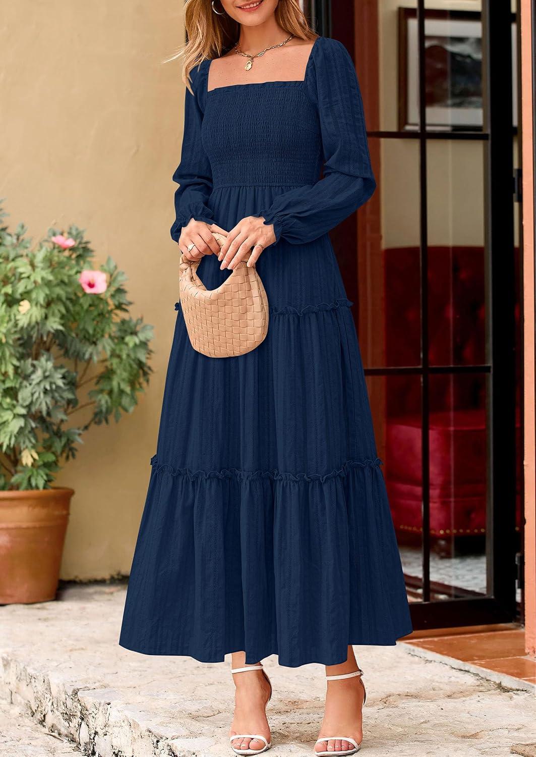 imagePRETTYGARDEN Fall Dresses for Women 2025 Casual Long Sleeve Smocked Ruffle Flowy Elegant Wedding Guest Maxi Dress PocketsNavy Blue
