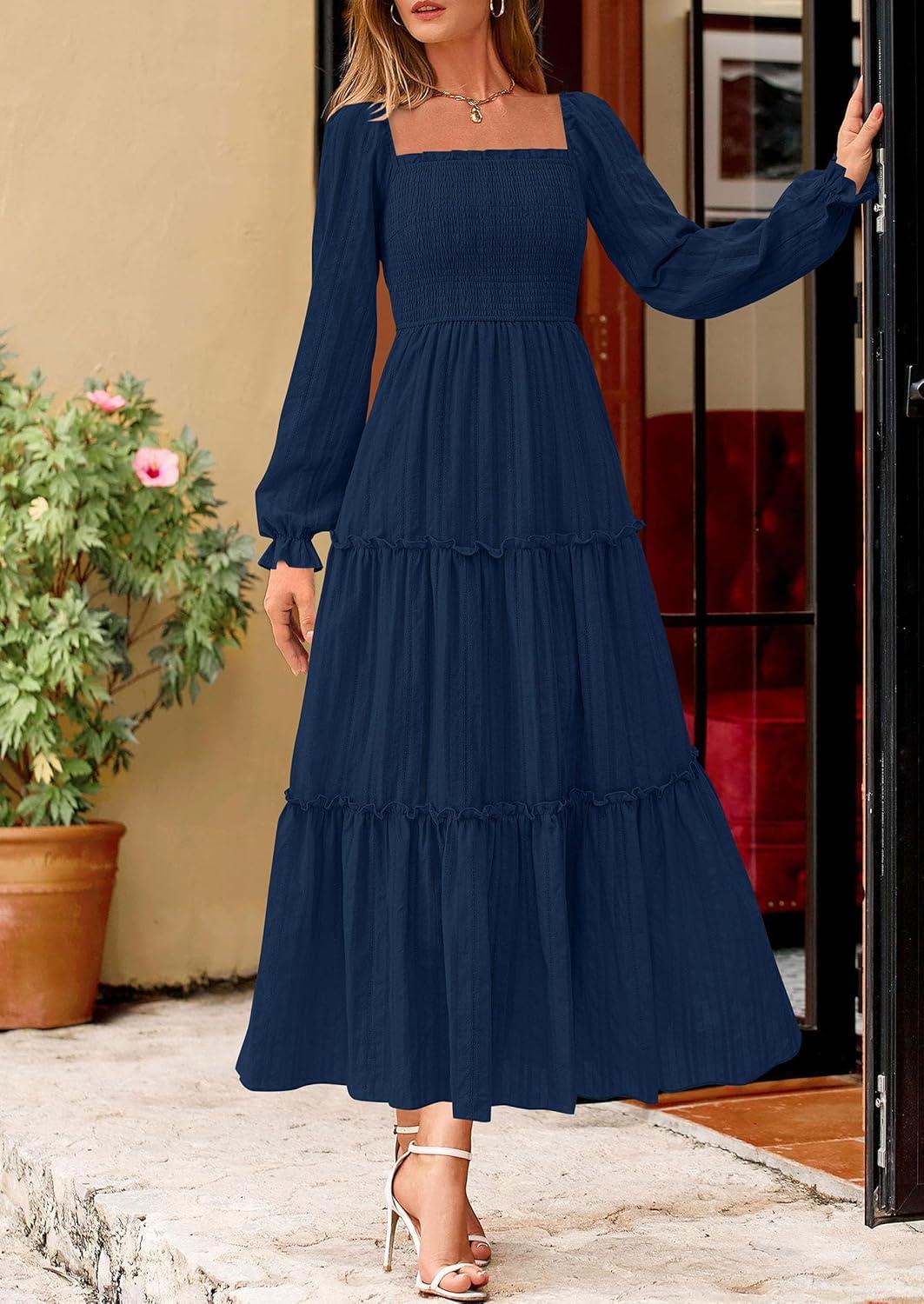 imagePRETTYGARDEN Fall Dresses for Women 2025 Casual Long Sleeve Smocked Ruffle Flowy Elegant Wedding Guest Maxi Dress PocketsNavy Blue