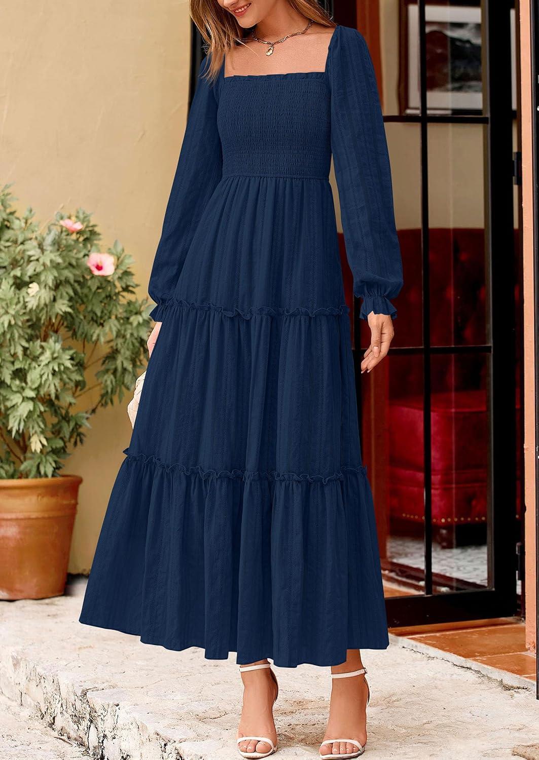 imagePRETTYGARDEN Fall Dresses for Women 2025 Casual Long Sleeve Smocked Ruffle Flowy Elegant Wedding Guest Maxi Dress PocketsNavy Blue