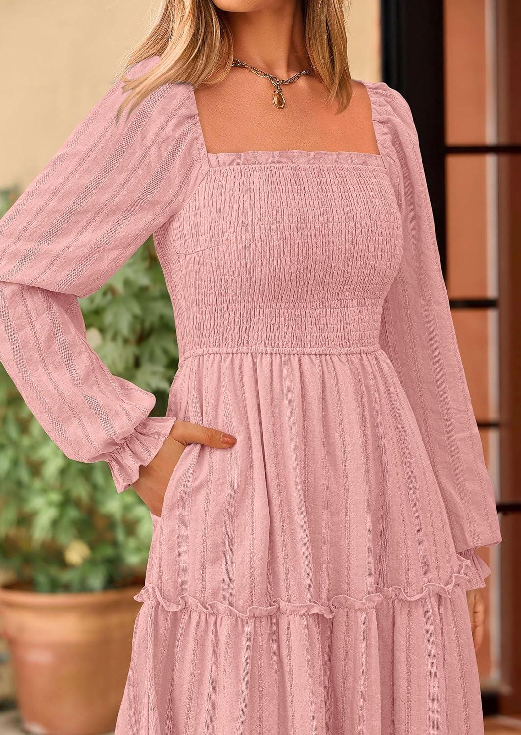 imagePRETTYGARDEN Fall Dresses for Women 2025 Casual Long Sleeve Smocked Ruffle Flowy Elegant Wedding Guest Maxi Dress PocketsPink