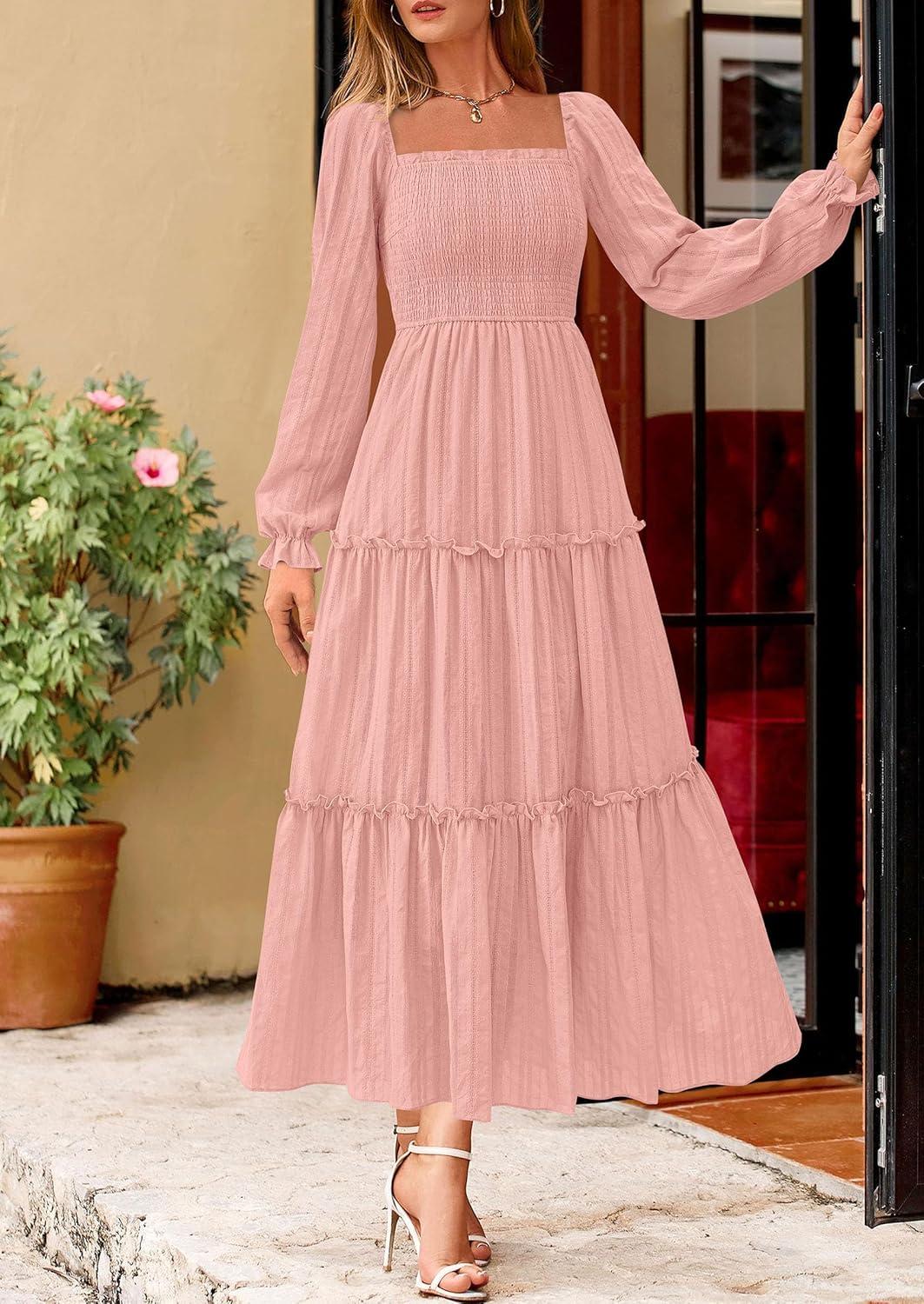 imagePRETTYGARDEN Fall Dresses for Women 2025 Casual Long Sleeve Smocked Ruffle Flowy Elegant Wedding Guest Maxi Dress PocketsPink