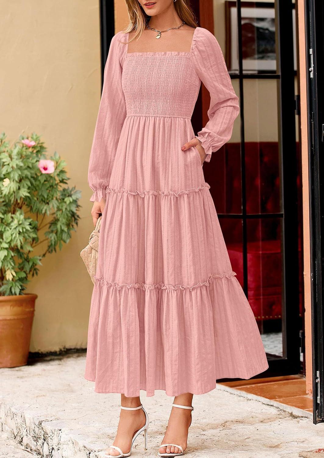 imagePRETTYGARDEN Fall Dresses for Women 2025 Casual Long Sleeve Smocked Ruffle Flowy Elegant Wedding Guest Maxi Dress PocketsPink