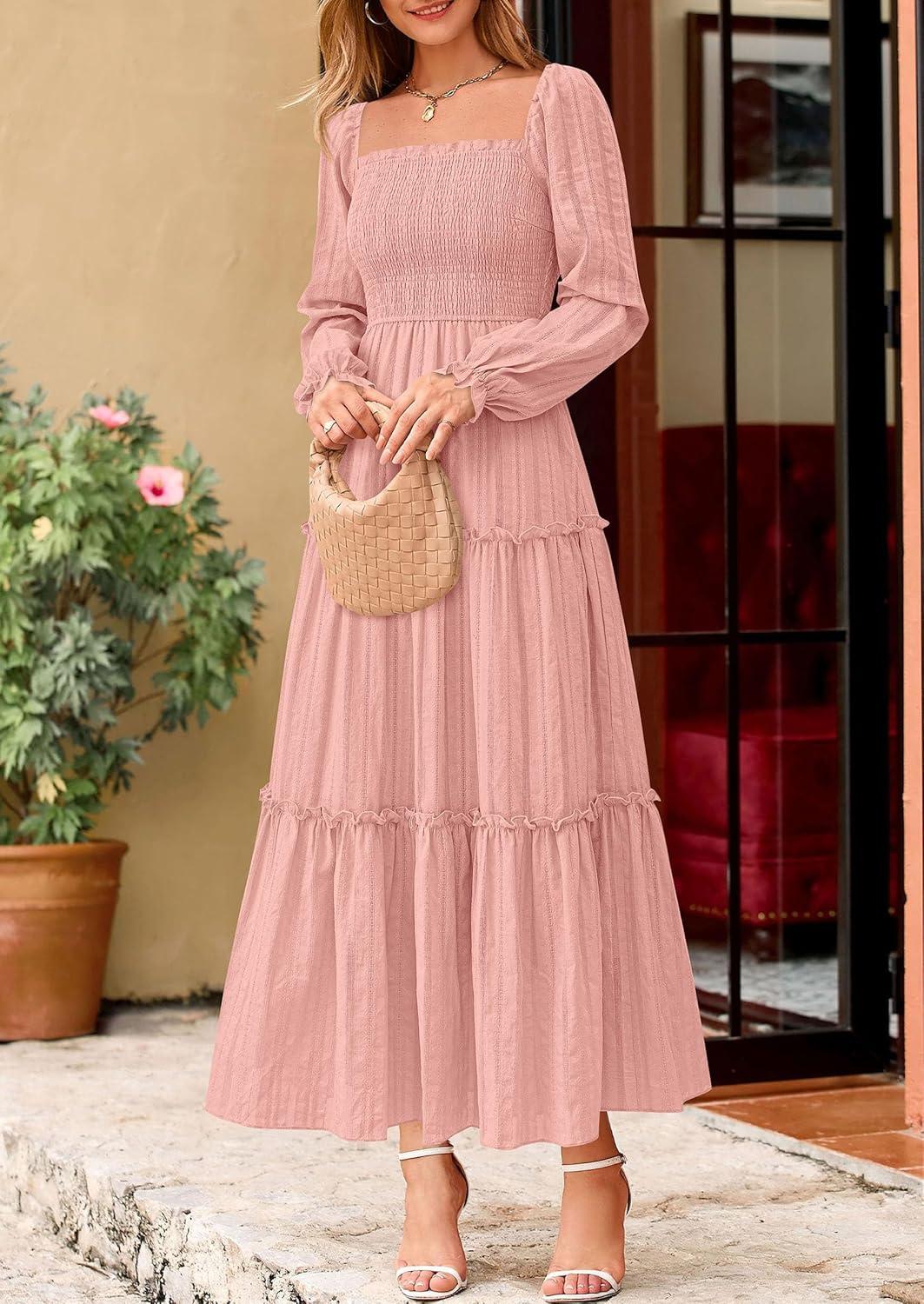 imagePRETTYGARDEN Fall Dresses for Women 2025 Casual Long Sleeve Smocked Ruffle Flowy Elegant Wedding Guest Maxi Dress PocketsPink