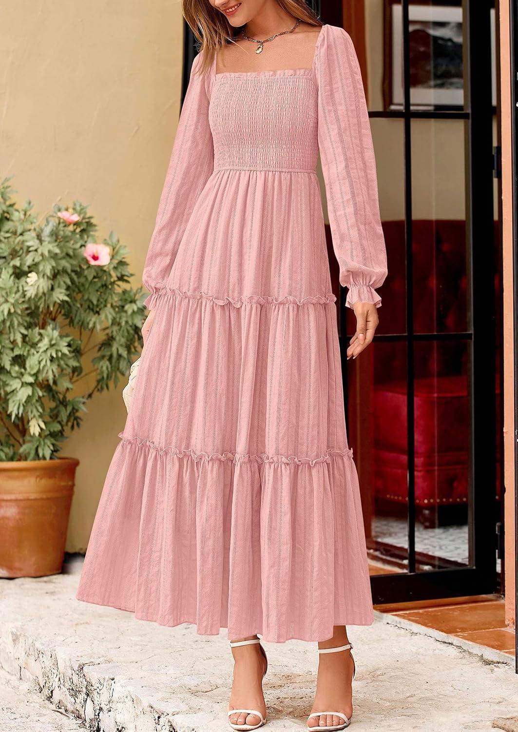 imagePRETTYGARDEN Fall Dresses for Women 2025 Casual Long Sleeve Smocked Ruffle Flowy Elegant Wedding Guest Maxi Dress PocketsPink