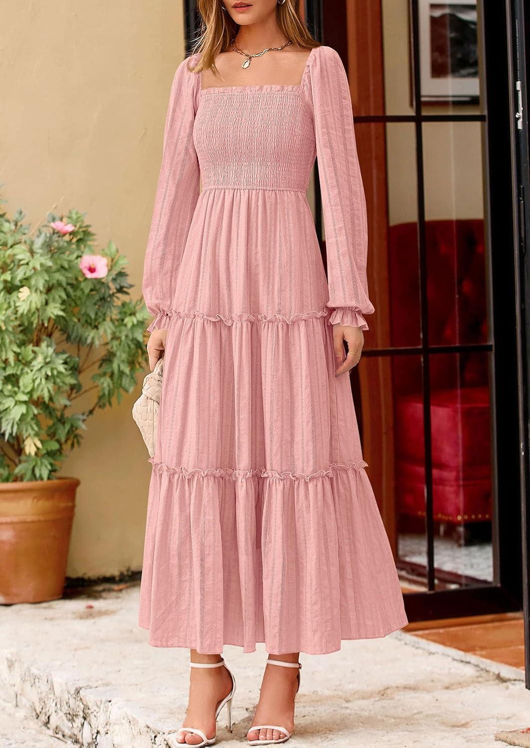 imagePRETTYGARDEN Fall Dresses for Women 2025 Casual Long Sleeve Smocked Ruffle Flowy Elegant Wedding Guest Maxi Dress PocketsPink