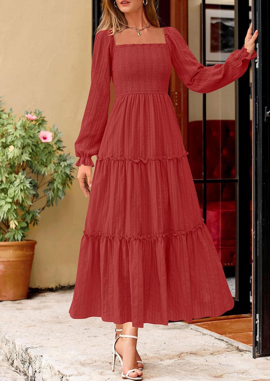 imagePRETTYGARDEN Fall Dresses for Women 2025 Casual Long Sleeve Smocked Ruffle Flowy Elegant Wedding Guest Maxi Dress PocketsRed