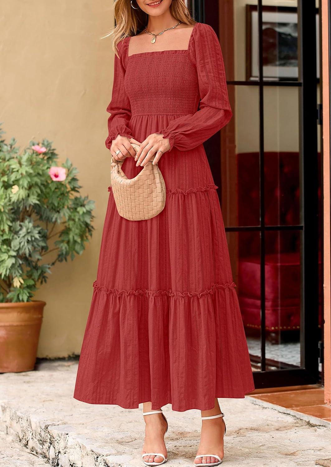 imagePRETTYGARDEN Fall Dresses for Women 2025 Casual Long Sleeve Smocked Ruffle Flowy Elegant Wedding Guest Maxi Dress PocketsRed