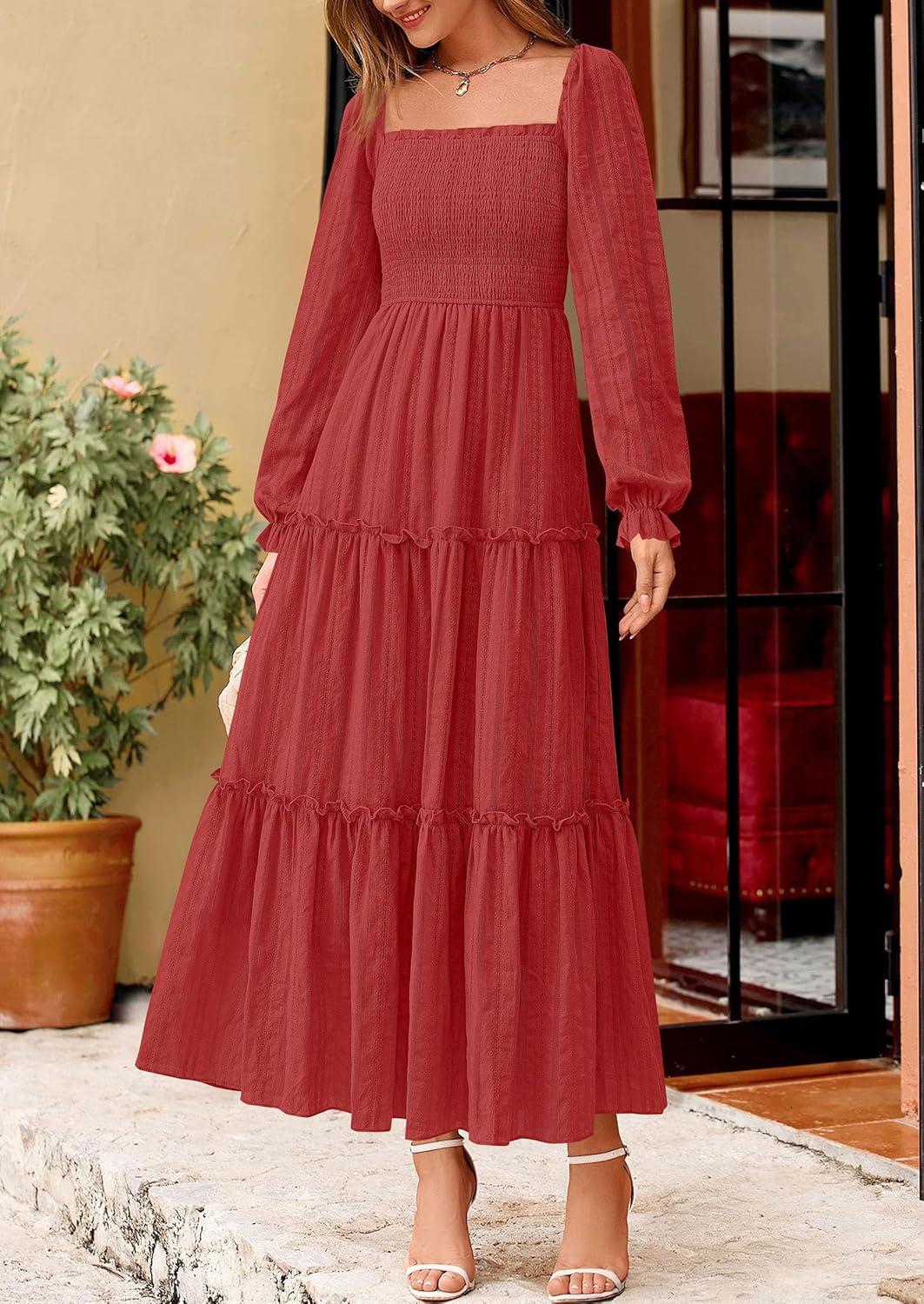 imagePRETTYGARDEN Fall Dresses for Women 2025 Casual Long Sleeve Smocked Ruffle Flowy Elegant Wedding Guest Maxi Dress PocketsRed